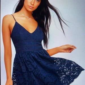 Lulus Wish Me Luxe Navy Blue Lace Skater Dress